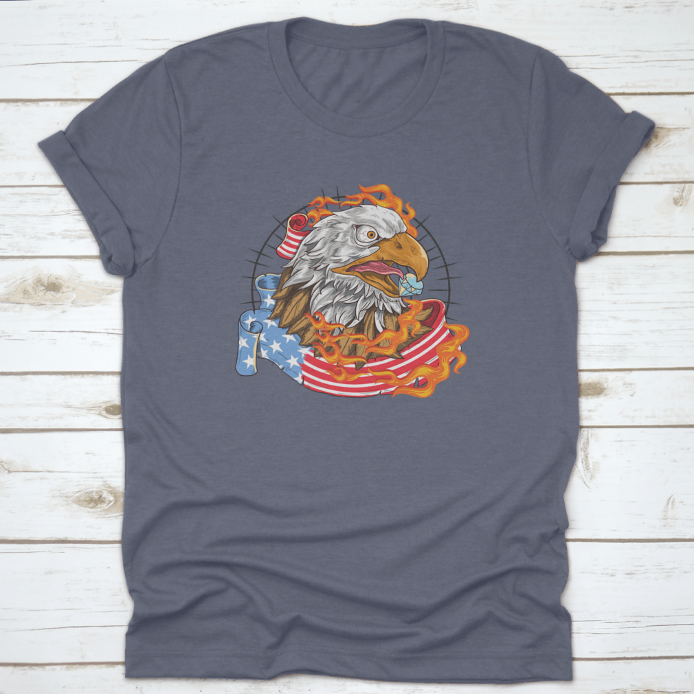 A stylish t-shirt featuring a flaming eagle with a diamond on its beak, showcasing a patriotic design.